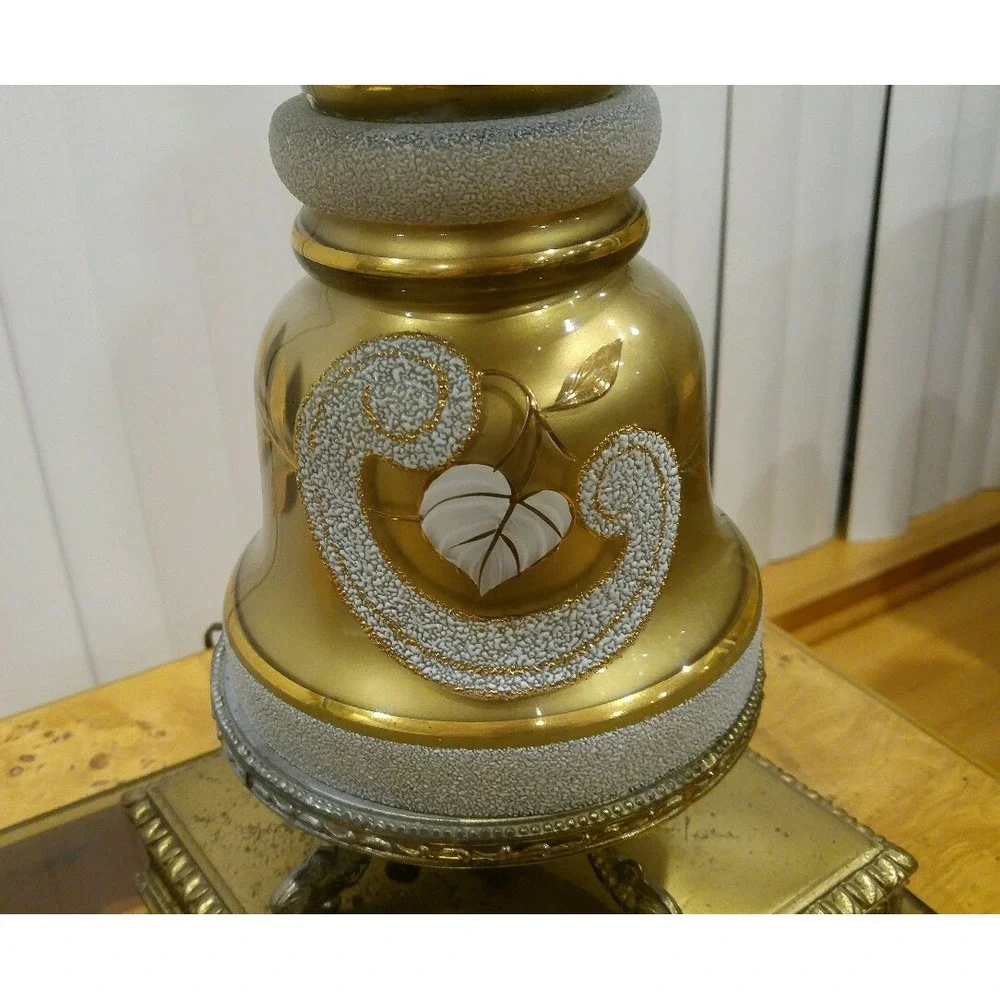 Vintage Gold Colored Glass Floral Pattern Table Lamp Square Brass Base Germany